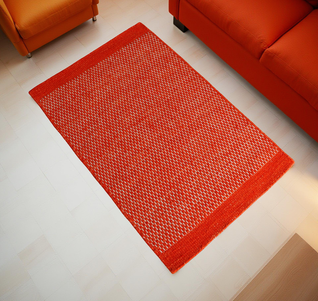 Red Orange Honeycomb Pattern Flat Weave Rug