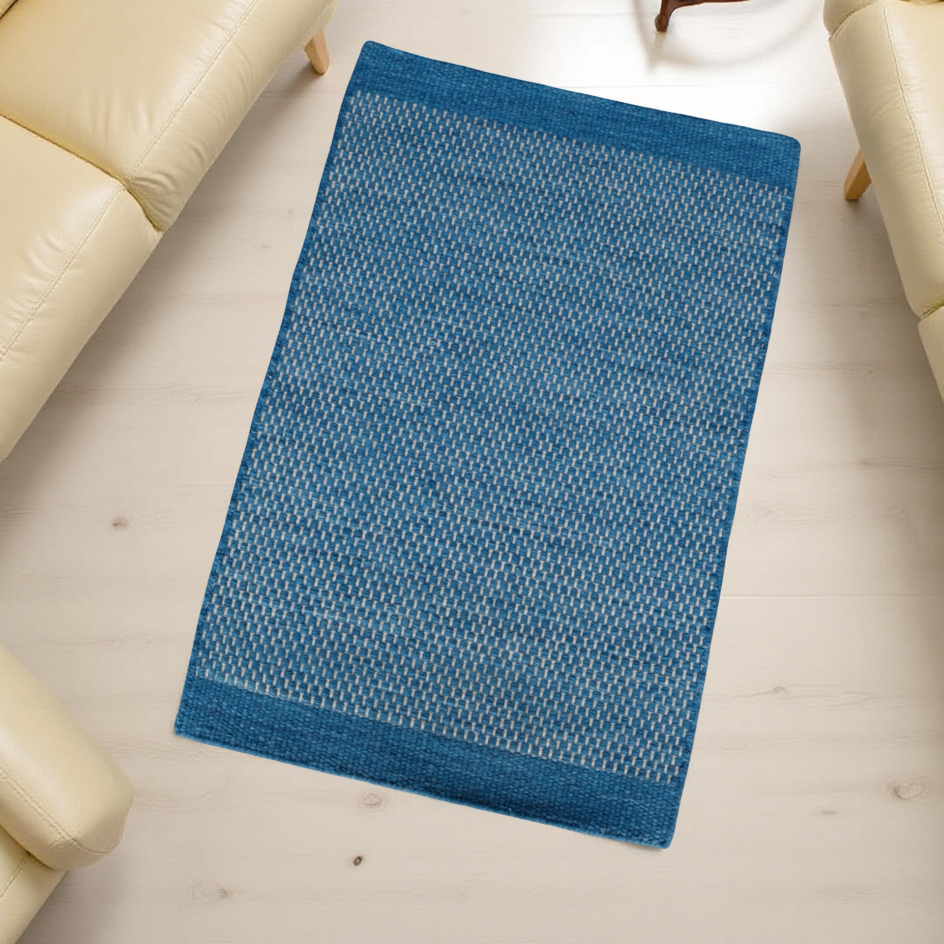 Royal Blue Honeycomb Pattern Flat Weave Rug