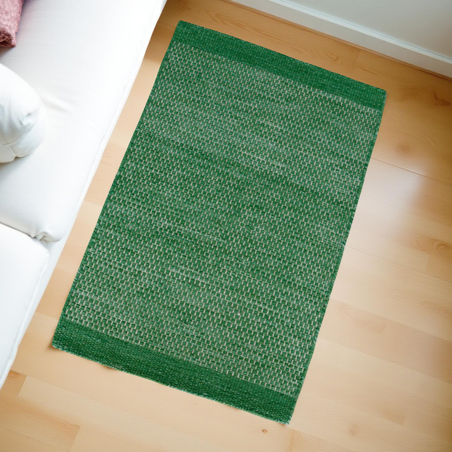 Dark Green Honeycomb Pattern Flat Weave Rug