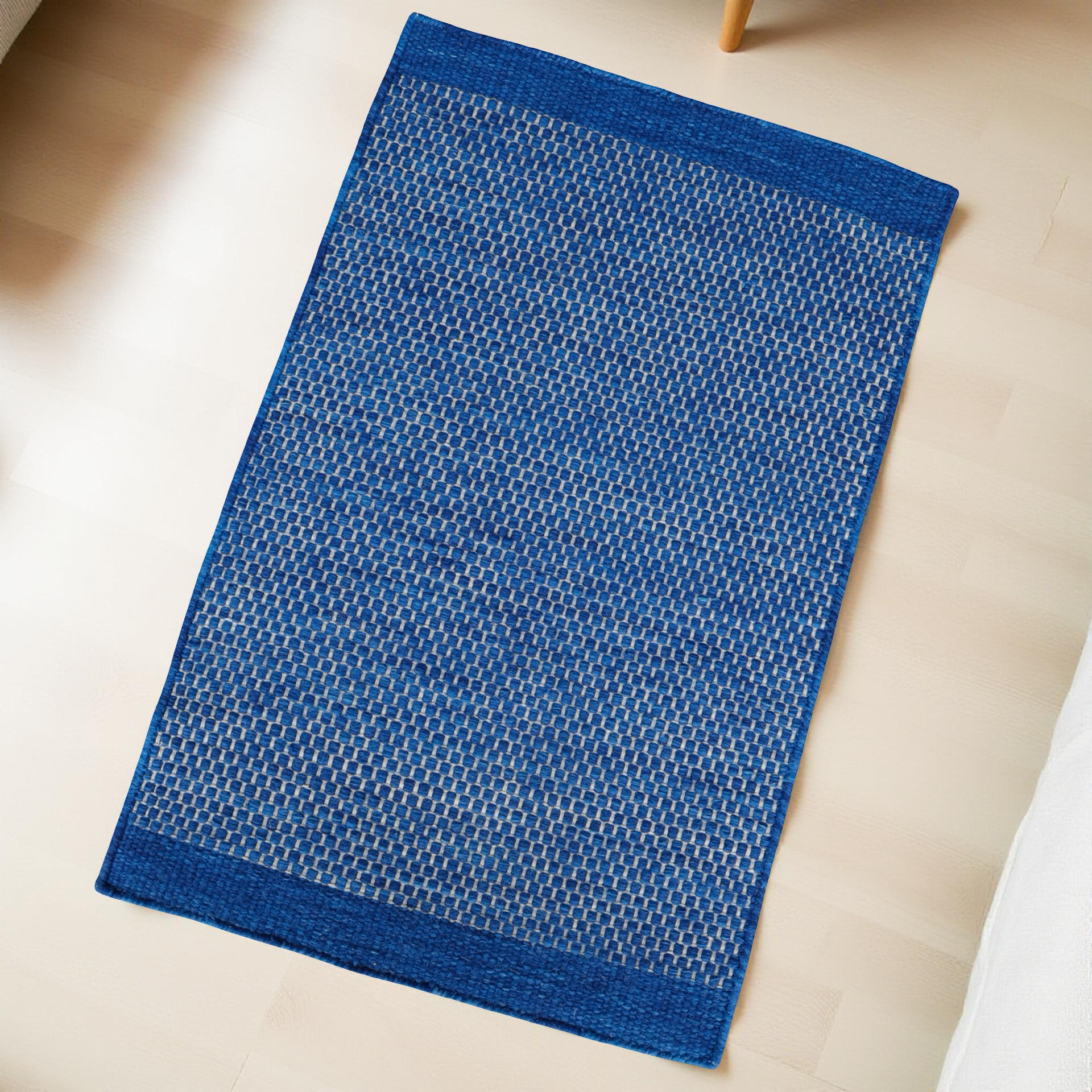 Navy Blue Honeycomb Pattern Flat Weave Rug