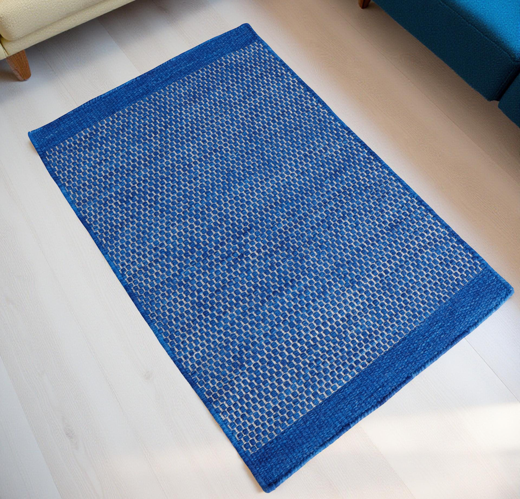 Navy Blue Honeycomb Pattern Flat Weave Rug