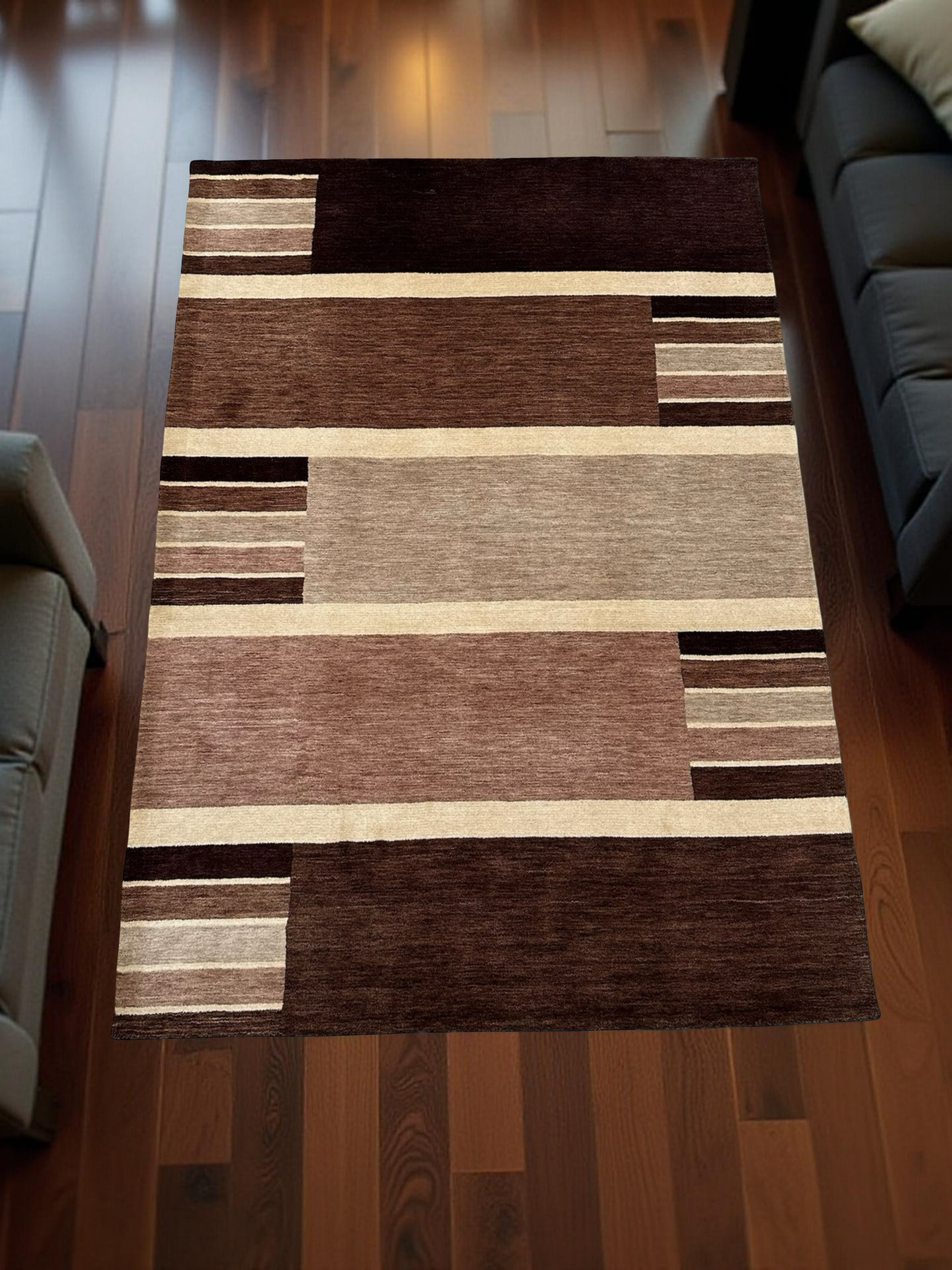 Beige and Brown Stripes Woollen Handloom Rug