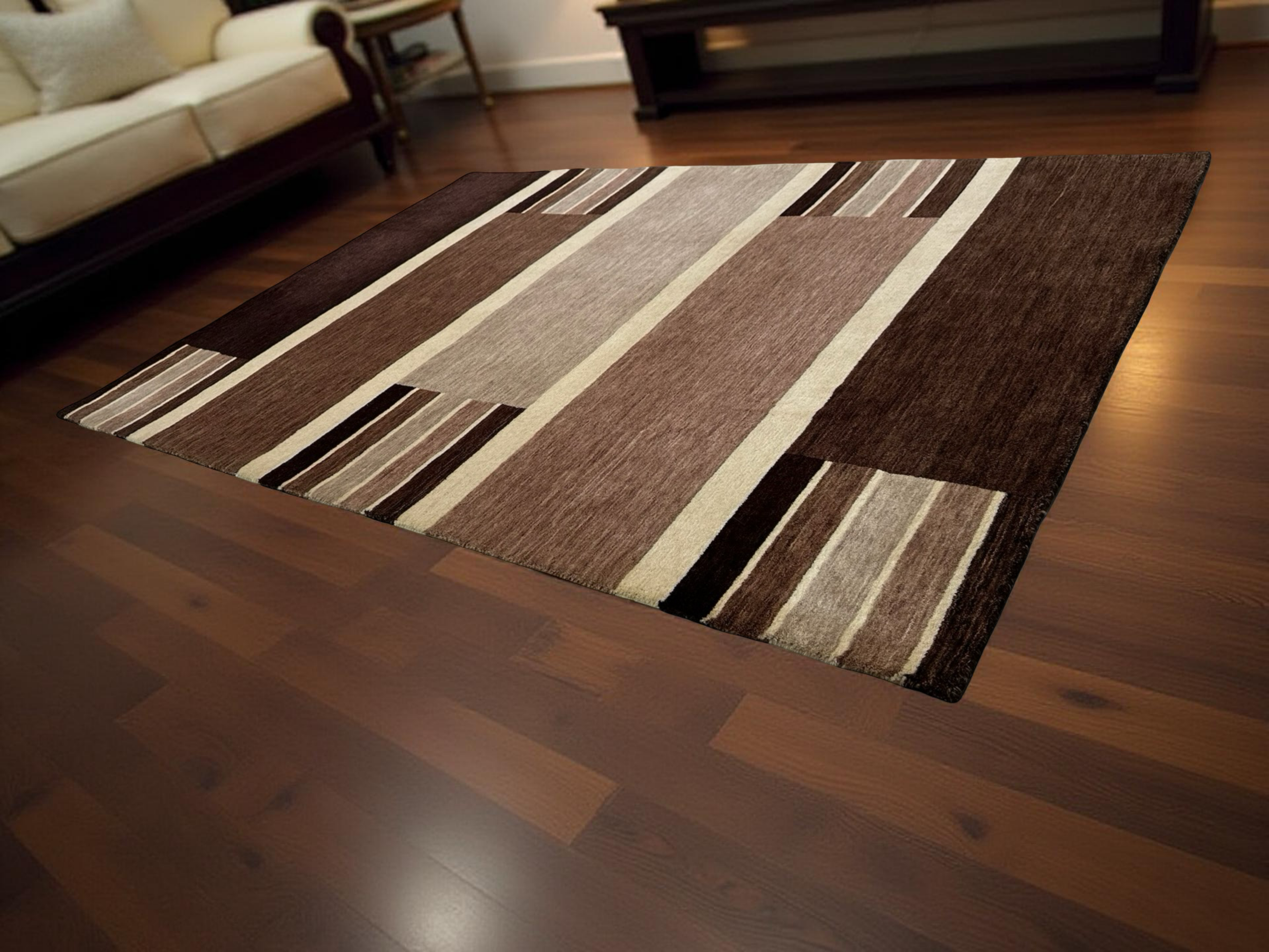 Beige and Brown Stripes Woollen Handloom Rug