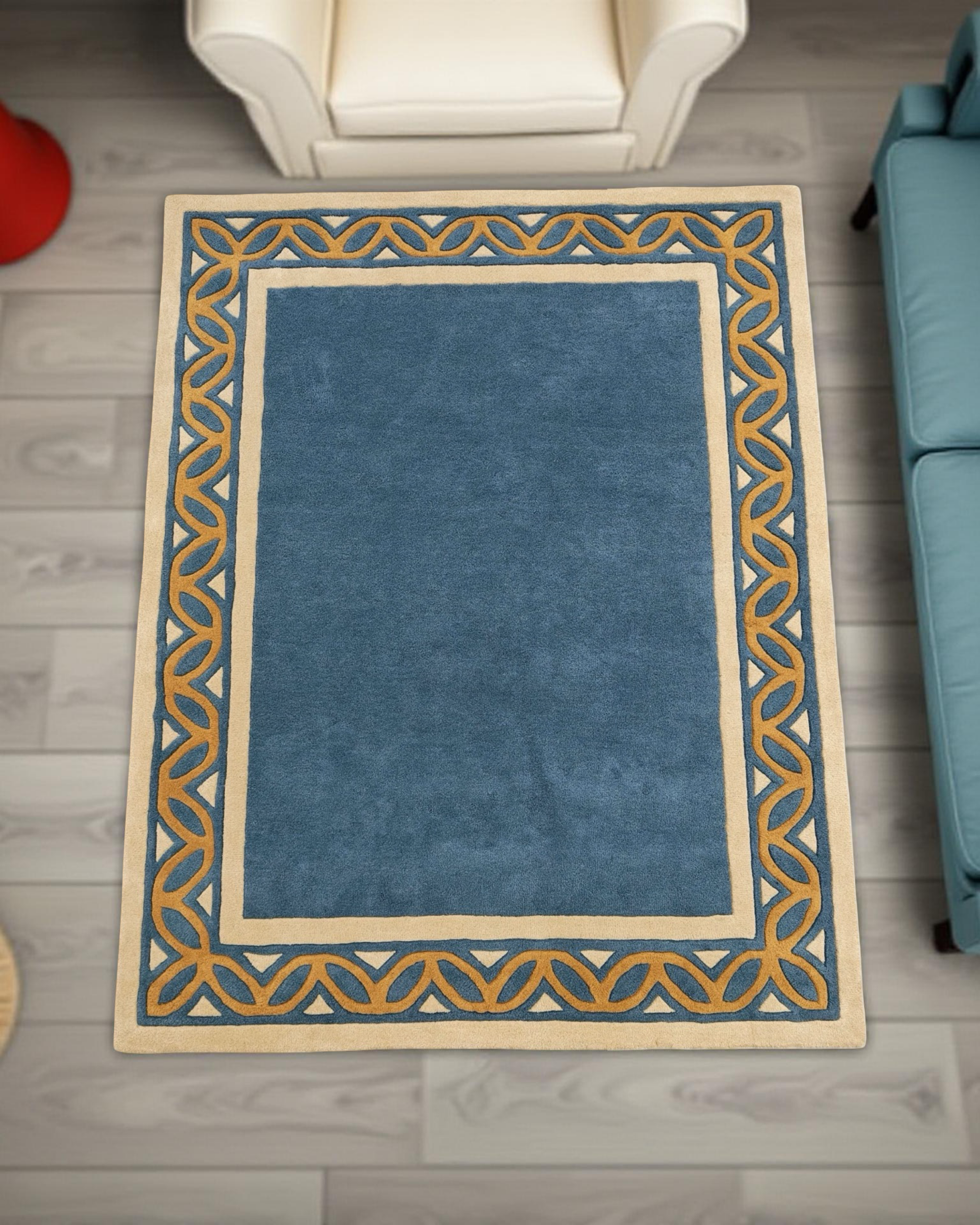 Blue And Gold Greek Border Hand Tufted Rug