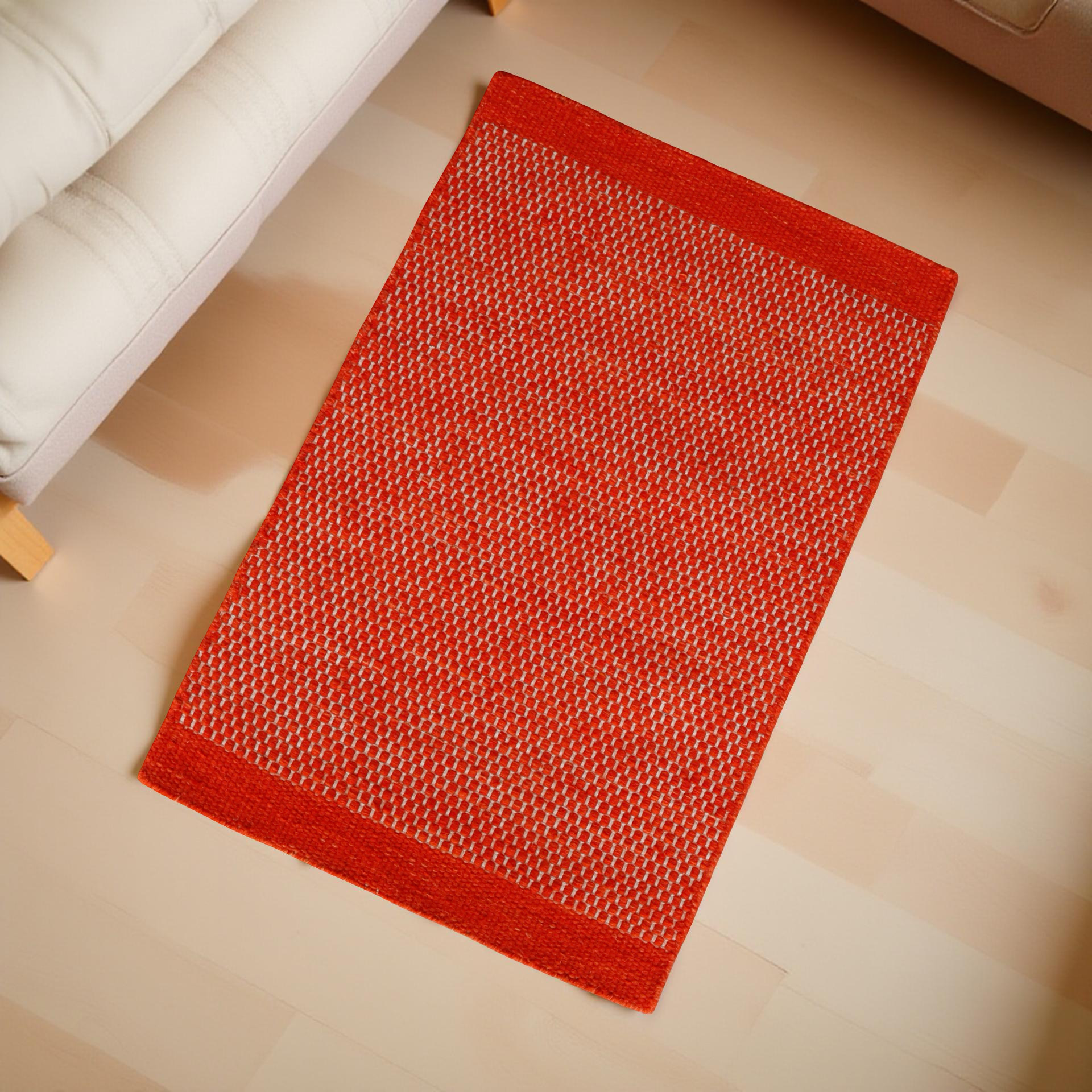 Red Orange Honeycomb Pattern Flat Weave Rug
